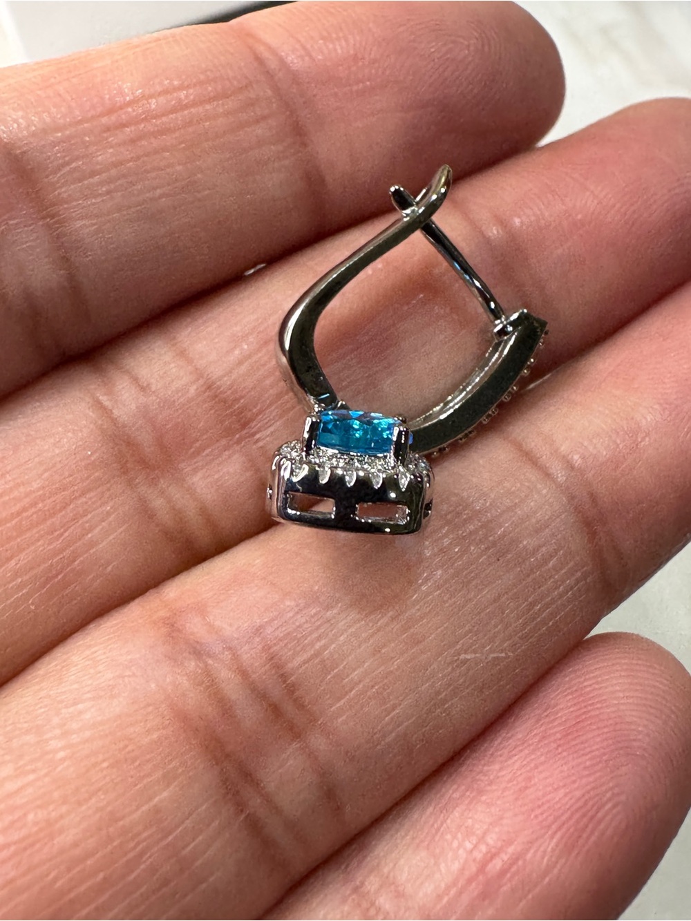 Blue Topaz and Moissanite Blue Crystal Halo Drop Earrings - Picture 6 of 12